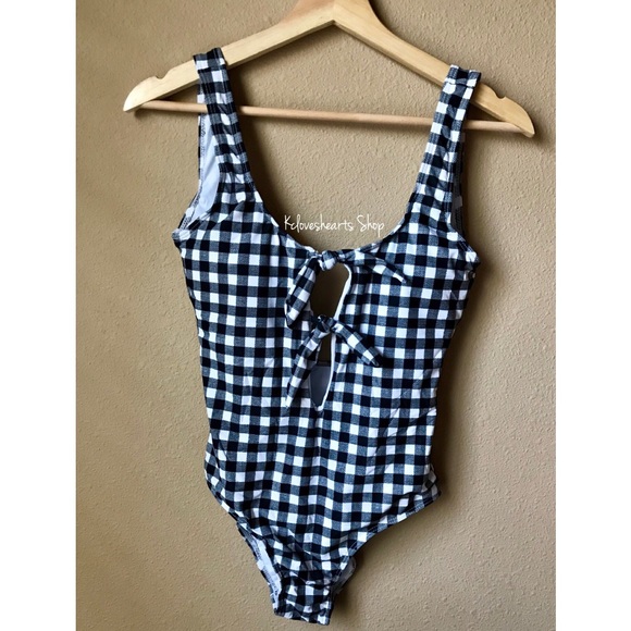 Gingham Bow Cutout One Piece Low Cut Swimsuit - Picture 3 of 4